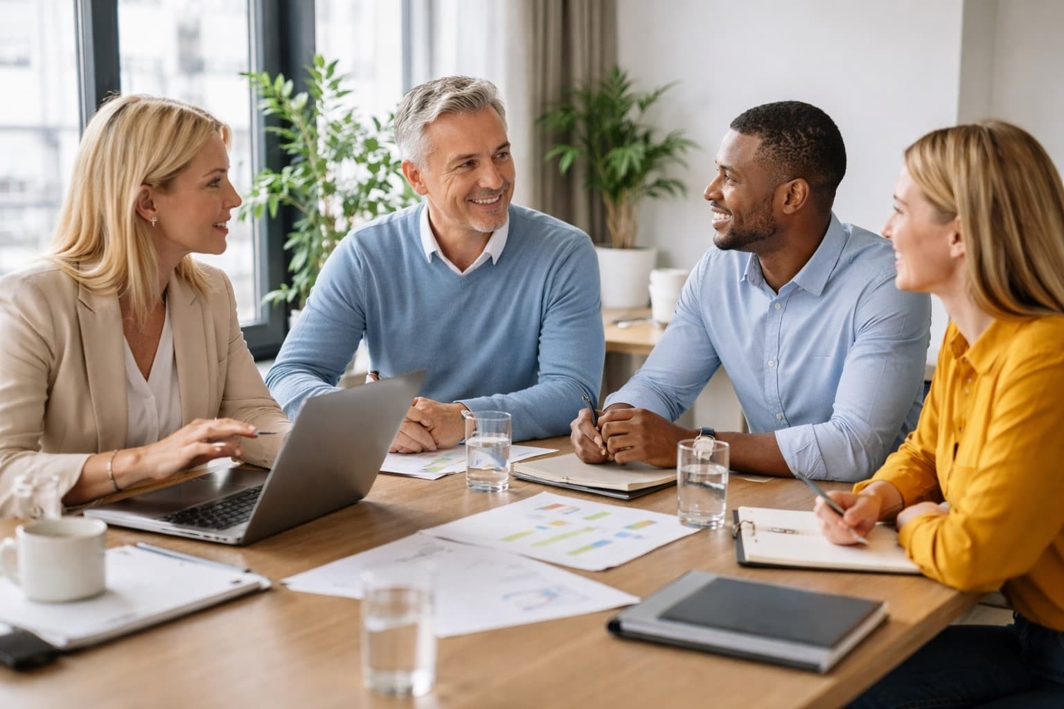 Equipo directivo trabajando en una reunión de estrategia